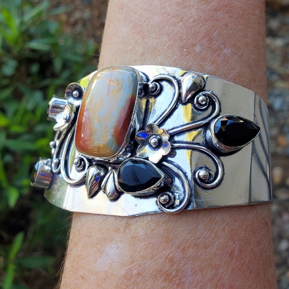 New Mookaite Jasper and Spinnel Cuff 925 Silver Bracelet. - Picture 16 of 16